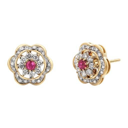 Contemporary 14 Karat Yellow Gold Floral Ruby and Diamond Earrings, A Pair For Sale - Image 3 of 7
