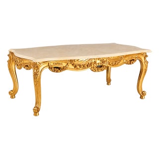 Italian Handcrafted Rococo Coffee Table With Marble Top and 24k Gold Leaf For Sale