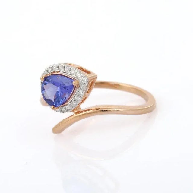 18k Rose Gold Pear Shape Tanzanite and Diamond Ring Size 7 (All Sizes Available) For Sale - Image 10 of 11