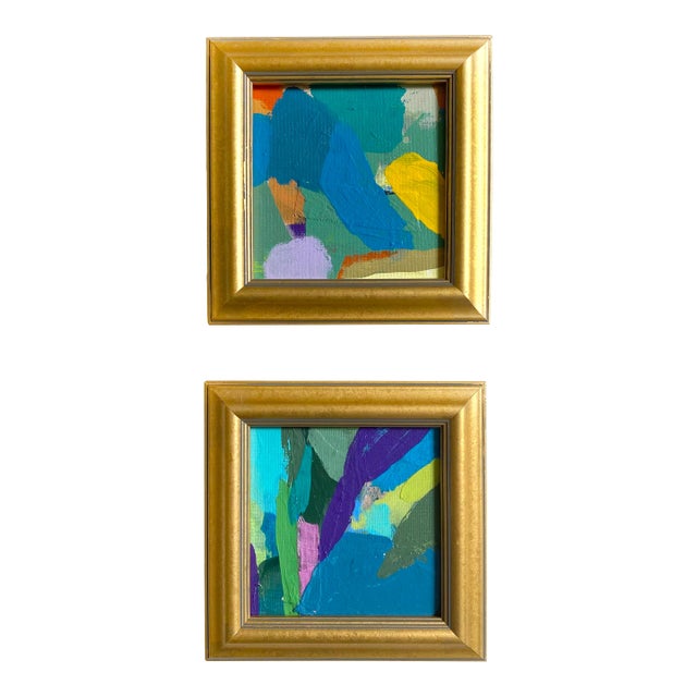 "In the Garden" Pair of Framed Mini Paintings by Jessalin Beutler For Sale