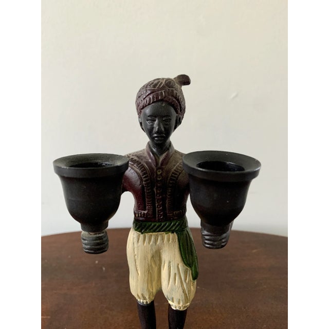 Metal Pair of Vintage Painted Cast-Iron Figurative Double Candleholders For Sale - Image 7 of 12