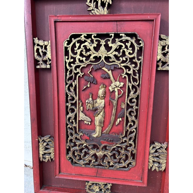 Asian Antique Chinese Carved Wood Two Panel Wall Hanging For Sale - Image 3 of 5