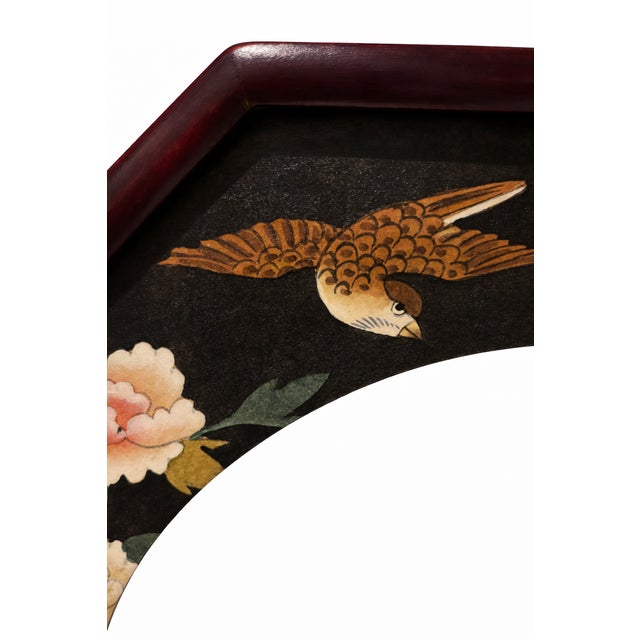 Chinoiserie Vintage Chinoiserie-Style Hexagonal Wall Mirror With Hand-Painted Birds, Circa 1960's, 16 Inch Diameter For Sale - Image 3 of 12