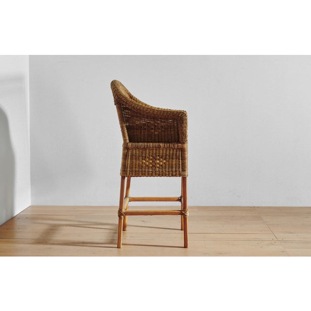 Contemporary Handwoven Malawi Cane Bar Stool in Classic Weave With White Linen Cushion For Sale - Image 3 of 7