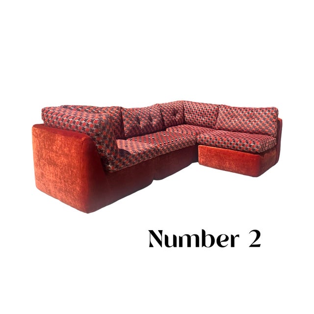 Mid-Century Modern Vintage Mid Century Modern 1970s - 1980s 4 Piece Modular Orange Velvet Geometric Sofa Restored Postmodern 80s For Sale - Image 3 of 12