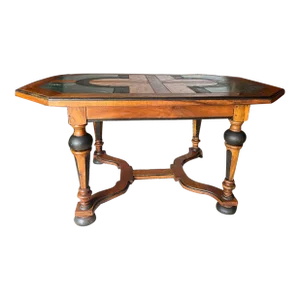Vintage William & Mary Style Partial Ebonized Base Marble Inset Top Dining Table.
