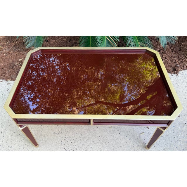 Art Deco Vintage Art Deco Style Deep Burgandy Lacquered Coffee Table With Gold Accents For Sale - Image 3 of 12