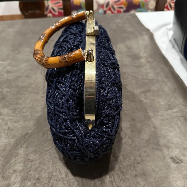 Navy Blue 1970s Blue Woven Fabric Brass and Bamboo Italian Top Handle Bag For Sale - Image 8 of 12