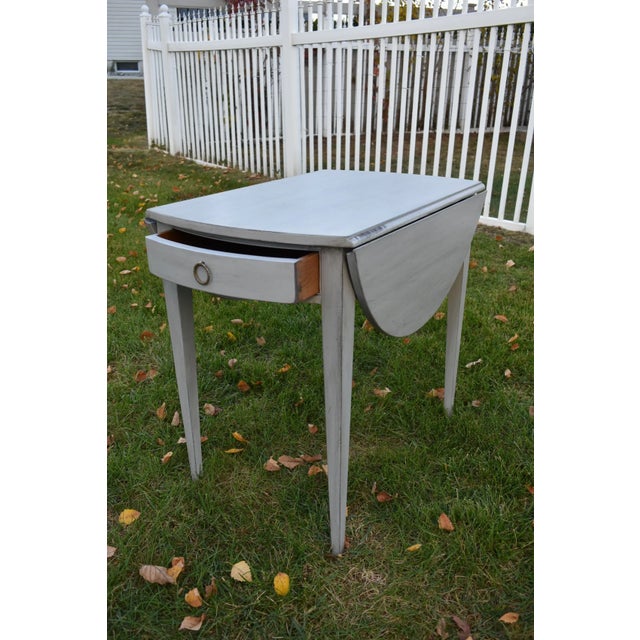 1970s Mahogany Pembroke Drop Leaf Accent Table Painted Storage Drawer Gray 70s For Sale - Image 5 of 12