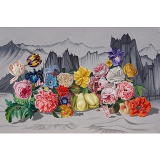 Colorful Flowers Growing out of Grey Mountains by Robin Hextrum | Oil on linen Oil painting of flowers in front of grey mountains. For Sale