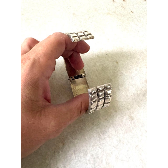 Sterling Silver, Large Solid Mexican Taxco Hinged Cuff Bracelet For Sale - Image 4 of 7