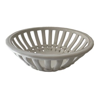 Vintage Open Weave Pottery Bowl Handmade Glossy White Basket Weave For Sale
