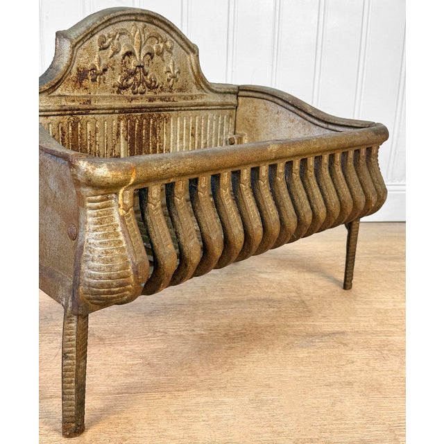 Metal Antique Victorian Cast Iron Fireplace Coal Grate W/ Fleur De Lis Motif For Sale - Image 7 of 12