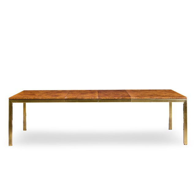 Tomlinson Mid Century Burlwood and Brass Expanding Dining Table with 2 Leaves This table measures: 68 wide x 45 deep x...