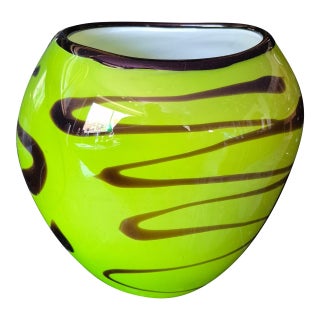 Mid-Century Modern, Murano Style Lime Green and Brown Swirl Blown Art Glass Vase (Jg) For Sale