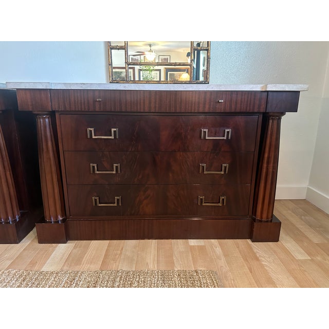 2000 - 2009 Pair of Baker Furniture Neoclassical Mahogany Chests With Original Stone Tops & Brass-Tone Hardware For Sale - Image 5 of 14