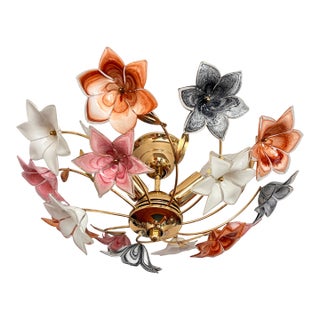 Vintage Italian Murano Style Multicolored Glass Flower Ceiling Lamp, Vintage Gold Metal Flush Mount For Sale