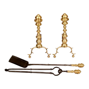 Antique American Brass Andirons With Tool Set- 4 Pieces