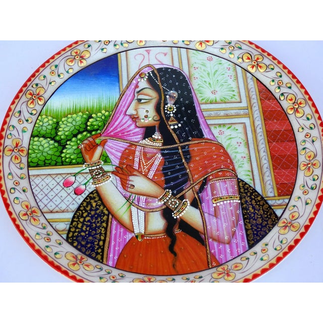 Marble Handicraft Plate Rajasthani Women Bani Thani Tribal Ethnic Hand Painted For Sale - Image 6 of 7