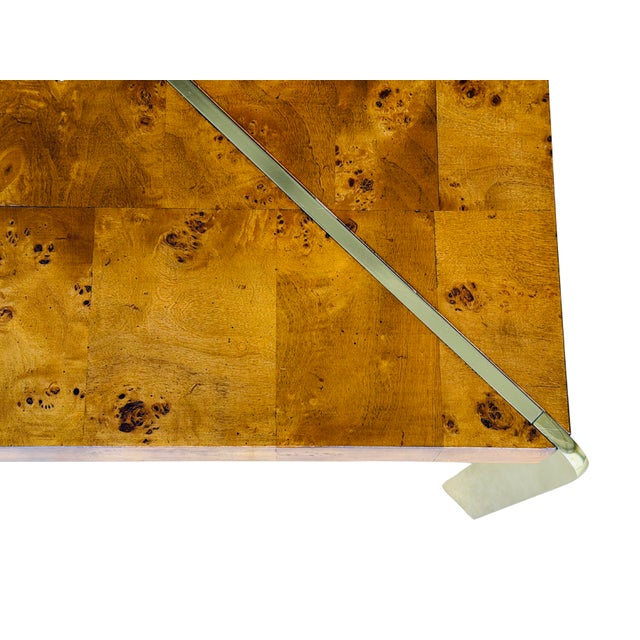 Wood Vintage 1970s Burl Wood & Brass Coffee Table | Hollywood Regency Milo Baughman Style | Parquet Burl Cocktail Table For Sale - Image 7 of 16