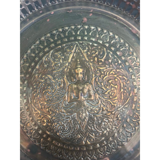 Vintage Thai Brass Pedestal Offering Tray With Embossed Deity Motif For Sale In Naples, FL - Image 6 of 6