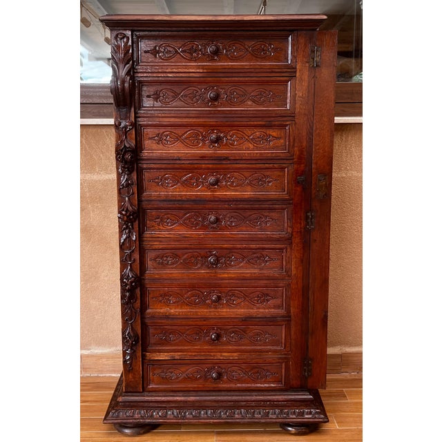 Late 19th Walnut Nine Drawer Tall French Carved Chest or Siffonier For Sale - Image 18 of 18