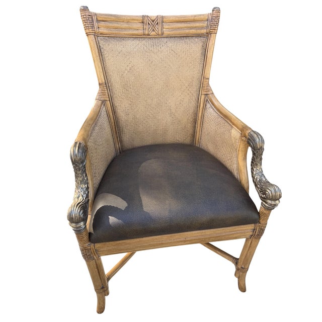 Set of 4 Asian Chinoiserie Faux Bamboo Armchairs With Sculptural Metal Fish Motifs For Sale - Image 11 of 17