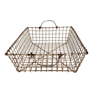 Large 1930's Vintage French Wire Mesh Fisherman’s Basket With Two Wire Folding Handles For Sale