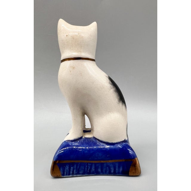 Antique Black & White Cat Figurine on Blue Base – Staffordshire Pottery Style For Sale - Image 9 of 12