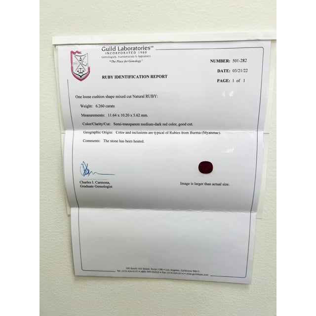 Guild 5 Carat Burma Ruby Cushion and Trapezoid Diamond Ring in 18k Yellow Gold, Size 6.5 For Sale - Image 9 of 9