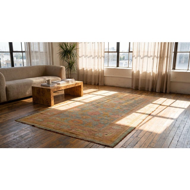 1880s Sky Blue Geometric Antique Turkish Oushak Carpet 4'10 X 8'8" Knotted Wool Rug For Sale - Image 12 of 13