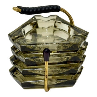 Mid Century Party Ashtray Set 4 Gray Smoky Glass Trays W/ Metal Carrying Stand Stacking MCM For Sale