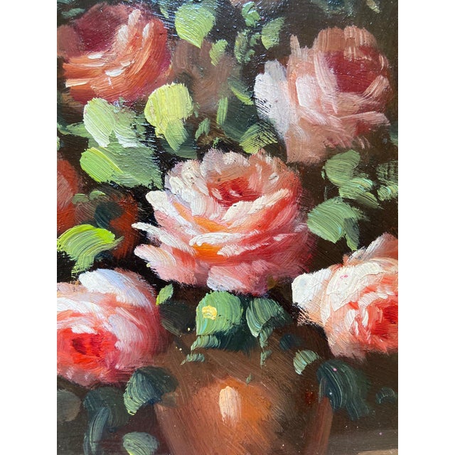 Peter Brooks, Still Life of a Vase of Pink Roses, 1960s, Oil on Canvas For Sale - Image 6 of 13