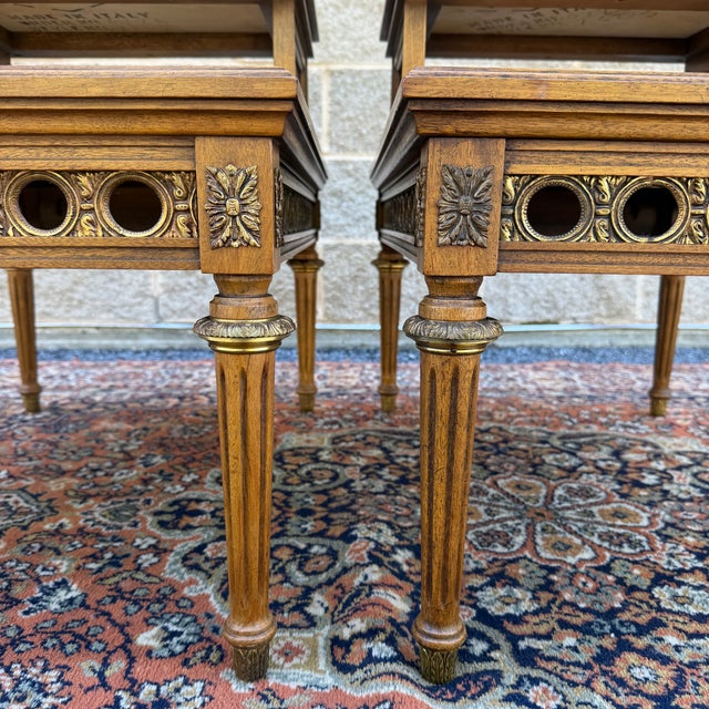 Vintage Gordon's Fine Furniture French Louis XVI Walnut Step Back Side Tables With Italian Marble Inserts - A Pair For Sale - Image 14 of 18