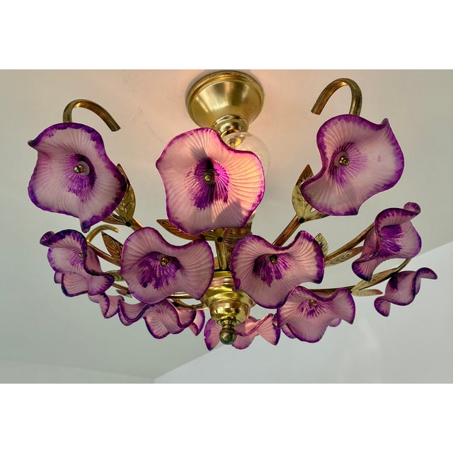 Vintage Hand-Painted Purple Glass Floral Flush Mount Chandelier For Sale - Image 17 of 17