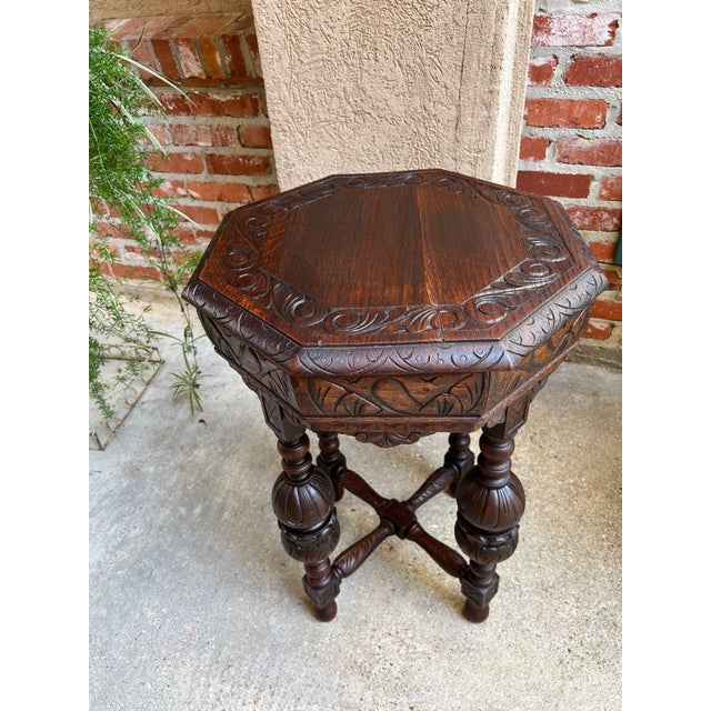 Petite Antique French Octagon Center Side Table Renaissance Carved Oak C1890 For Sale - Image 11 of 12