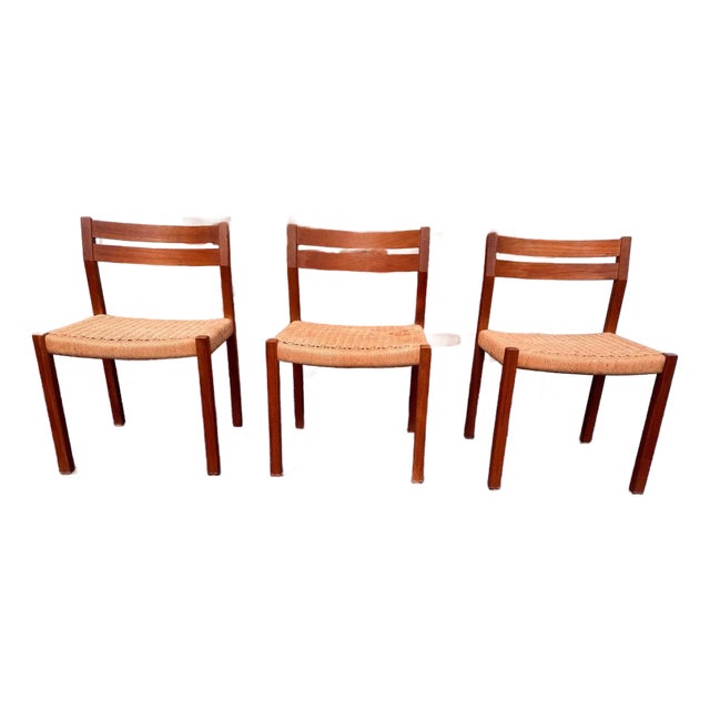 Set of 3 Mid Century Danish Niels O. Møller Teak Ropped Seat Dining Chairs . For Sale