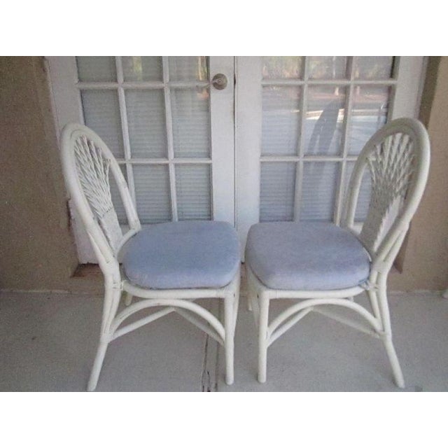 Coastal 1970s Tropical Style Wicker Bamboo Dining Chair White With Cushion Set of 4 For Sale - Image 3 of 11