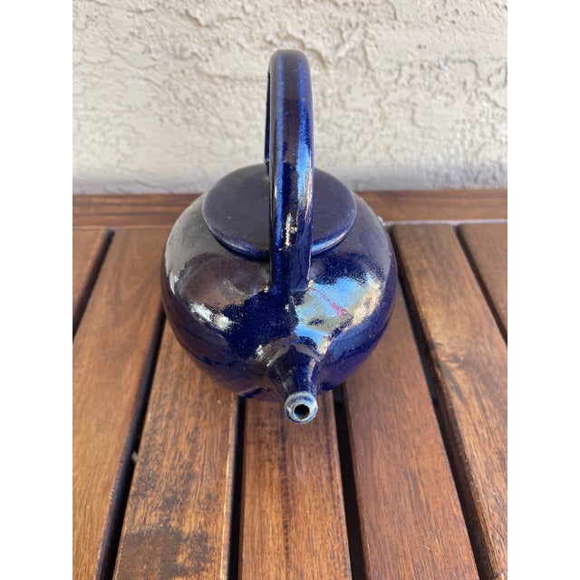 Workaday Handmade Vintage Blue Glazed Ceramic Stoneware Top Handle Teapot For Sale - Image 4 of 8