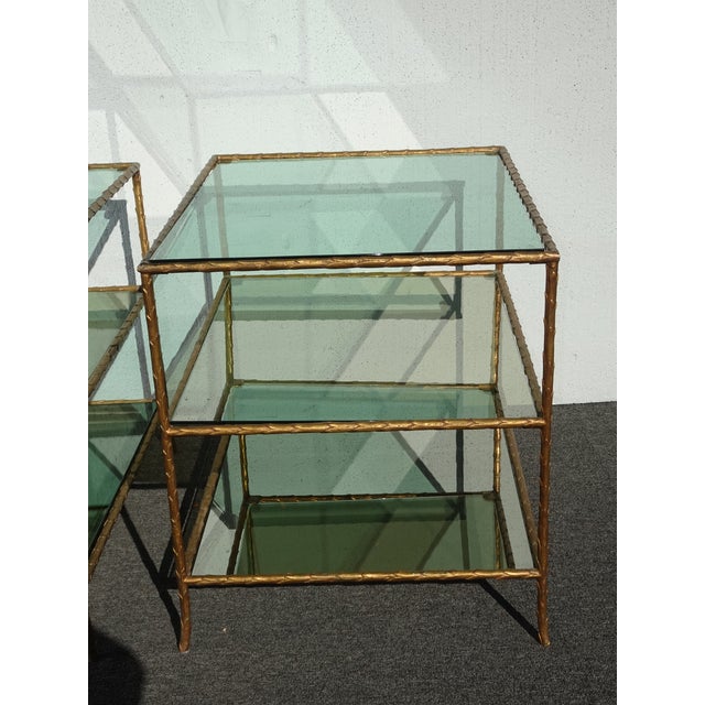 Metal Pair of Vintage Three Tier Brass Bronze Side Tables W Etched Leaf Frames For Sale - Image 7 of 18