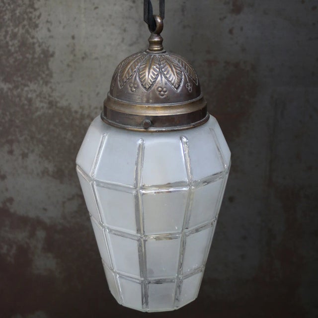 1920s French Art Deco Brass Frosted Cut Glass Pendant Light, 1920s For Sale - Image 5 of 10