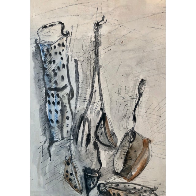 Paint Yosl Bergner, Israeli Yosl Bergner Modernist Watercolor Painting Drawing Pots, Pans For Sale - Image 7 of 10