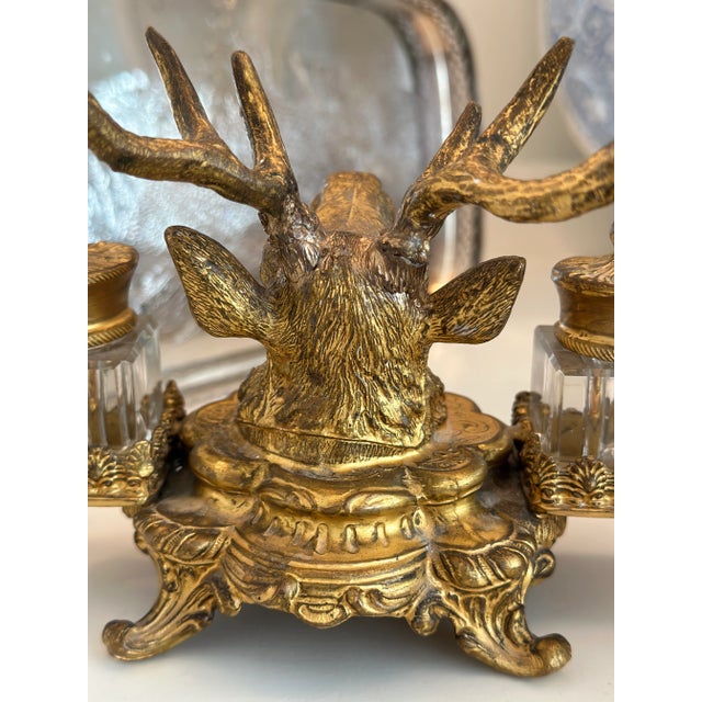 Metal 19th Century French Dore Gold Gilt Metal Stag Head Double Inkwell For Sale - Image 7 of 11