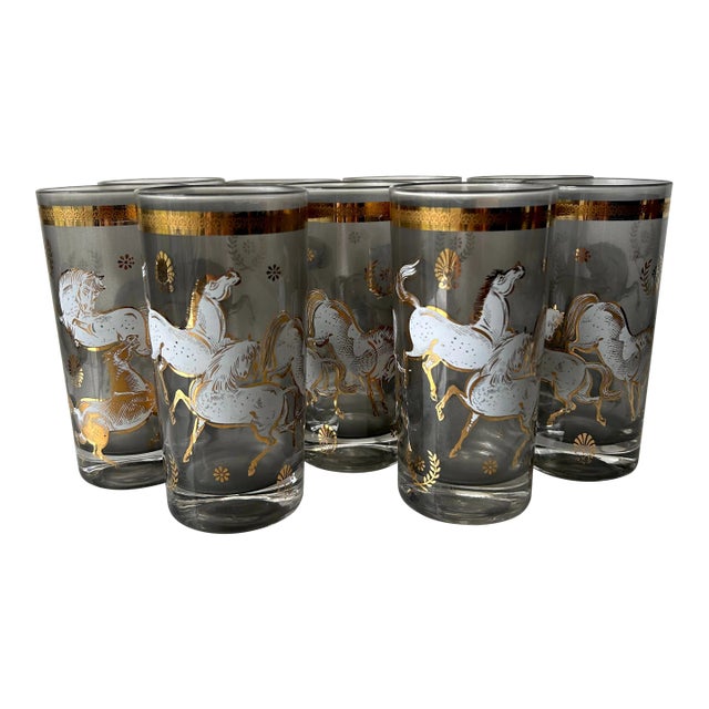 1950s Mid-Century Modern Culver Glass Ming Horse Highball Glasses- Set of 9 For Sale