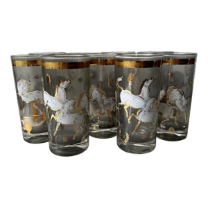 1950s Mid-Century Modern Culver Glass Ming Horse Highball Glasses- Set of 9