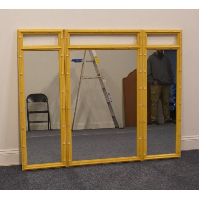 Asian High End Vintage Yellow Painted Asian Inspired Faux Bamboo 56" Tri-View Mirror 625-36 For Sale - Image 3 of 7