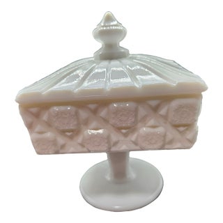 VTG Westmoreland Milk Glass Candy Dish Old Quilt Pattern Pedestal Compote 6.5”h For Sale