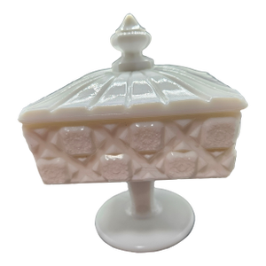 VTG Westmoreland Milk Glass Candy Dish Old Quilt Pattern Pedestal Compote 6.5”h