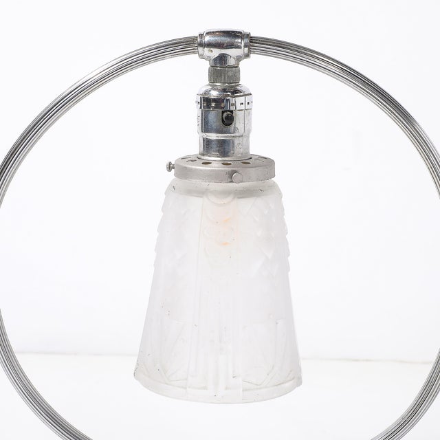 1930s Art Deco Chrome & Frosted Cubist Shade Open Form Table Lamp Signed Muller Freres For Sale In New York - Image 6 of 15