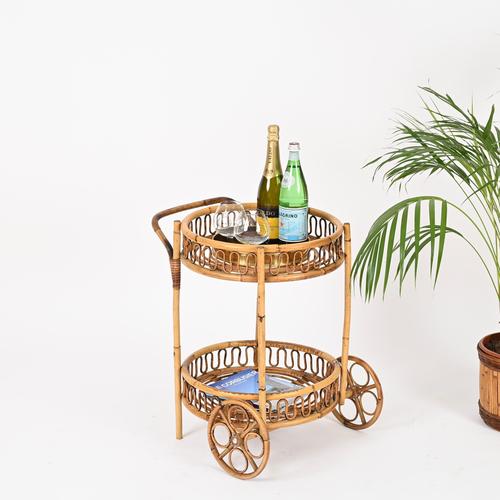 Mid-Century Modern Mid-Century Modern French Riviera Bamboo and Rattan Round Bar Cart by Franco Albini, 1960s For Sale - Image 3 of 11